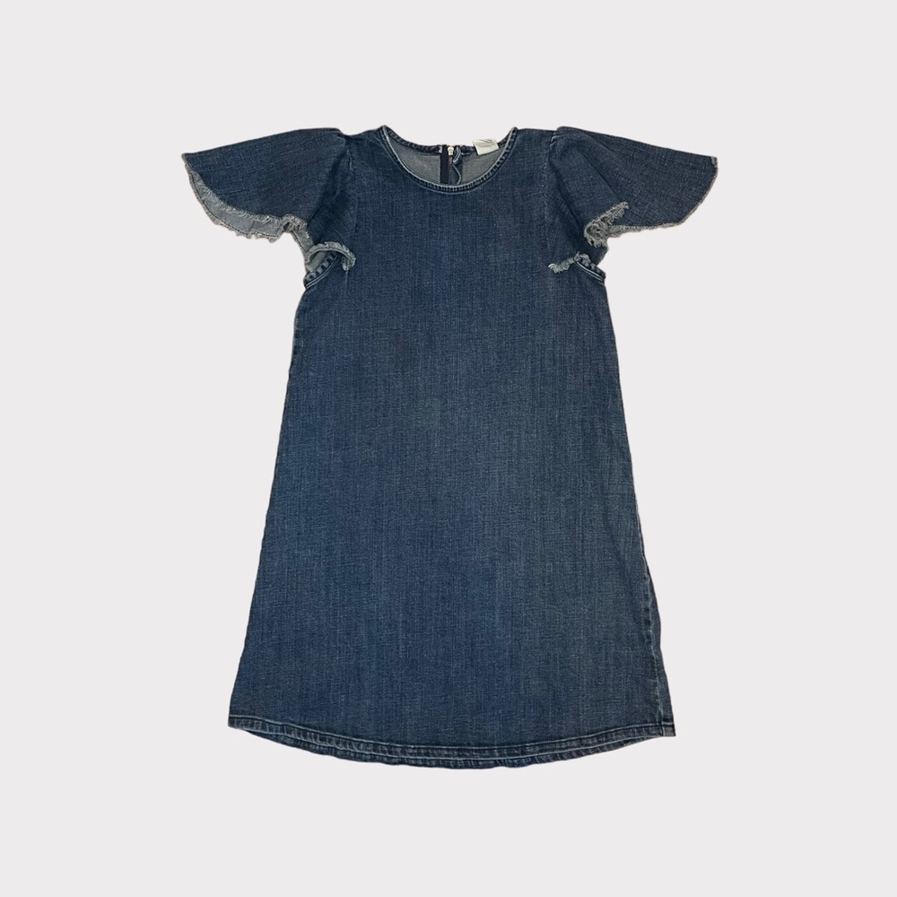 Stem Raw Hem Shoulder Sleeve Dark Denim Dress